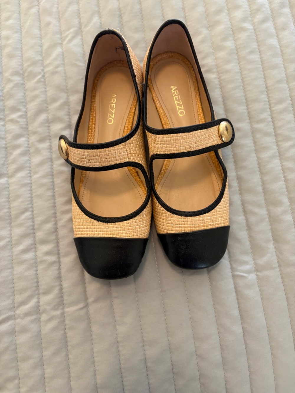 Arezzo Beige and Black Mary Jane Flats with Gold Button